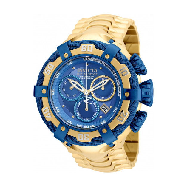 INVICTA ｜Bolt Thunderbolt 三眼計時 藍面 金色不鏽鋼錶帶 鋼索錶殼 54mm大錶徑 石英錶(21361)
