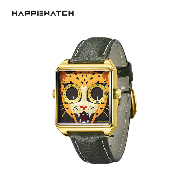 HappieWatch ｜設計師品牌 立體金錢豹 方形金框 皮帶/矽膠手錶套組 小怪獸腕錶 36mm(CG36SPJQB)