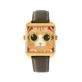 HappieWatch ｜設計師品牌 立體金吉貓 方形金框 皮帶/矽膠手錶套組 小怪獸腕錶 36mm(CG36SPJJM)