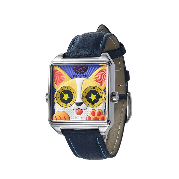 HappieWatch ｜設計師品牌 立體柯基犬 方形銀框 皮帶/矽膠手錶套組 小怪獸腕錶 36mm(H104F2KJV06ZH)