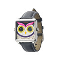 HappieWatch｜ 設計師品牌 立體貓頭鷹 方形銀框 皮帶/矽膠手錶套組 小怪獸腕錶 36mm(HN002FFYDV04ZH)