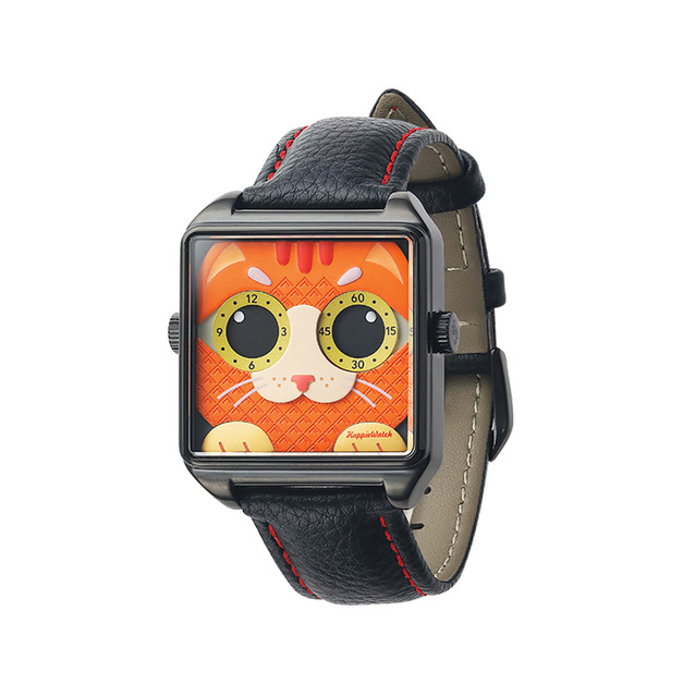 HappieWatch ｜設計師品牌 立體橘貓 方形黑框 皮帶/矽膠手錶套組 小怪獸腕錶 36mm(HN104F2JMV01ZH)