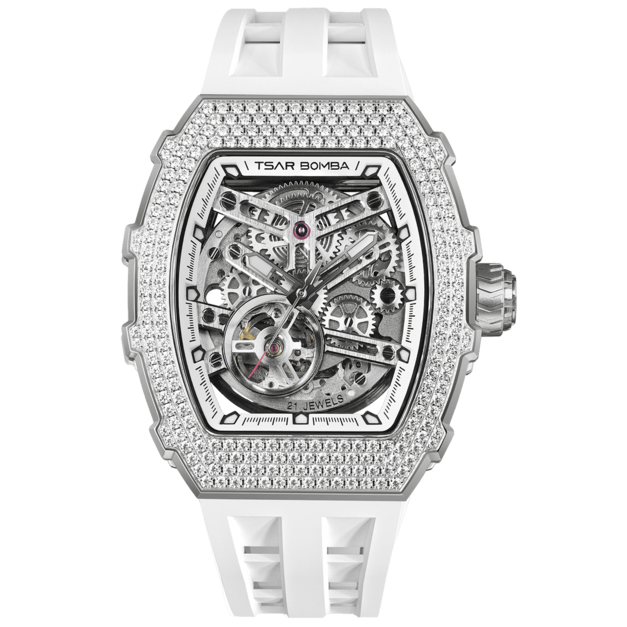 機械公爵 | 元素系列 自動上鍊 銀色鋯石水晶錶圈 白色氟橡膠錶帶 機械錶 (TB8208D-11)