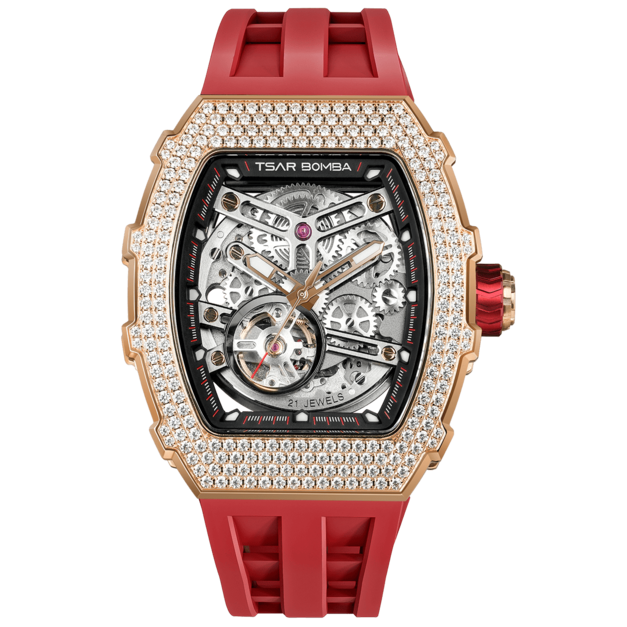 機械公爵 | 元素系列 自動上鍊 玫金色鋯石水晶錶圈 紅色氟橡膠錶帶 機械錶 (TB8208D-12)