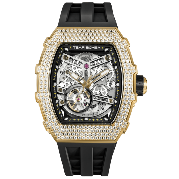 機械公爵 | 元素系列 自動上鍊 金色鋯石水晶錶圈 黑色氟橡膠錶帶 機械錶 (TB8208D-13)