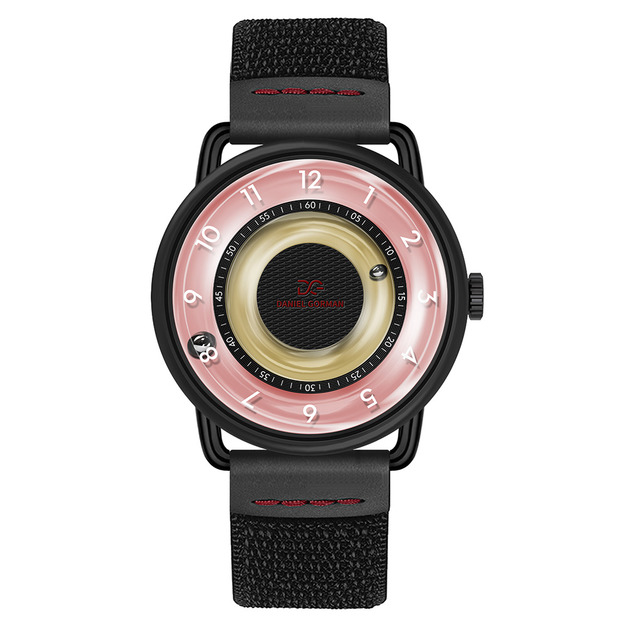 DANIEL GORMAN ｜粉色+黃透明面 磁吸指針 黑色框 黑色鬆緊+皮革錶帶 (DGY000KP)