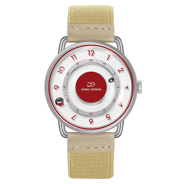 DANIEL GORMAN ｜白色透明面 紅色刻度 磁吸指針 銀色框 卡其色鬆緊+皮革錶帶 (DGY000RW)