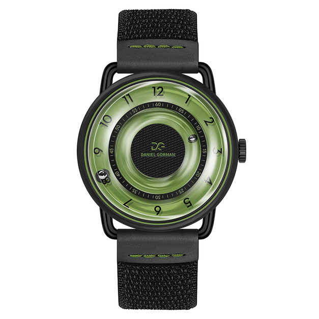 DANIEL GORMAN ｜綠色透明面 磁吸指針 黑色框 黑色鬆緊+皮革錶帶 (DGY000KG)