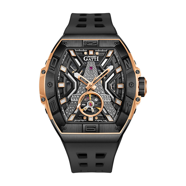 布加迪 | 王者裝置系列 黑玫瑰金款 巴黎鐵塔造型面盤 氟橡膠錶帶 自動上鍊機械腕錶 45mm (BG9970-A3)