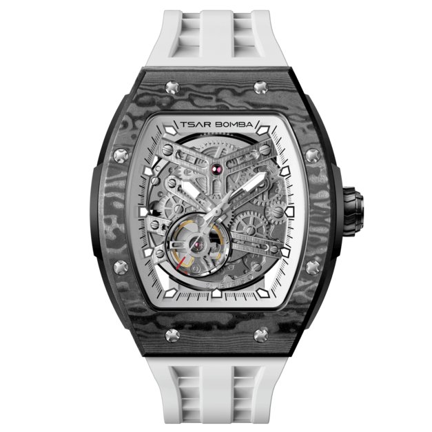 機械公爵 | 元素系列 自動上鍊 黑碳纖維錶殼 白色矽膠錶帶 機械錶 (TB8228CF-03)