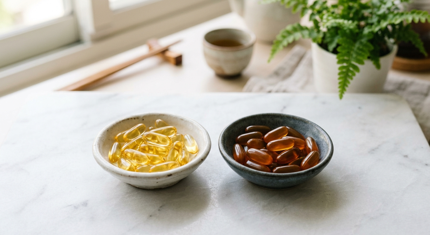 魚油軟膠囊和藻油軟膠囊分放在兩個小碟的俯拍照
