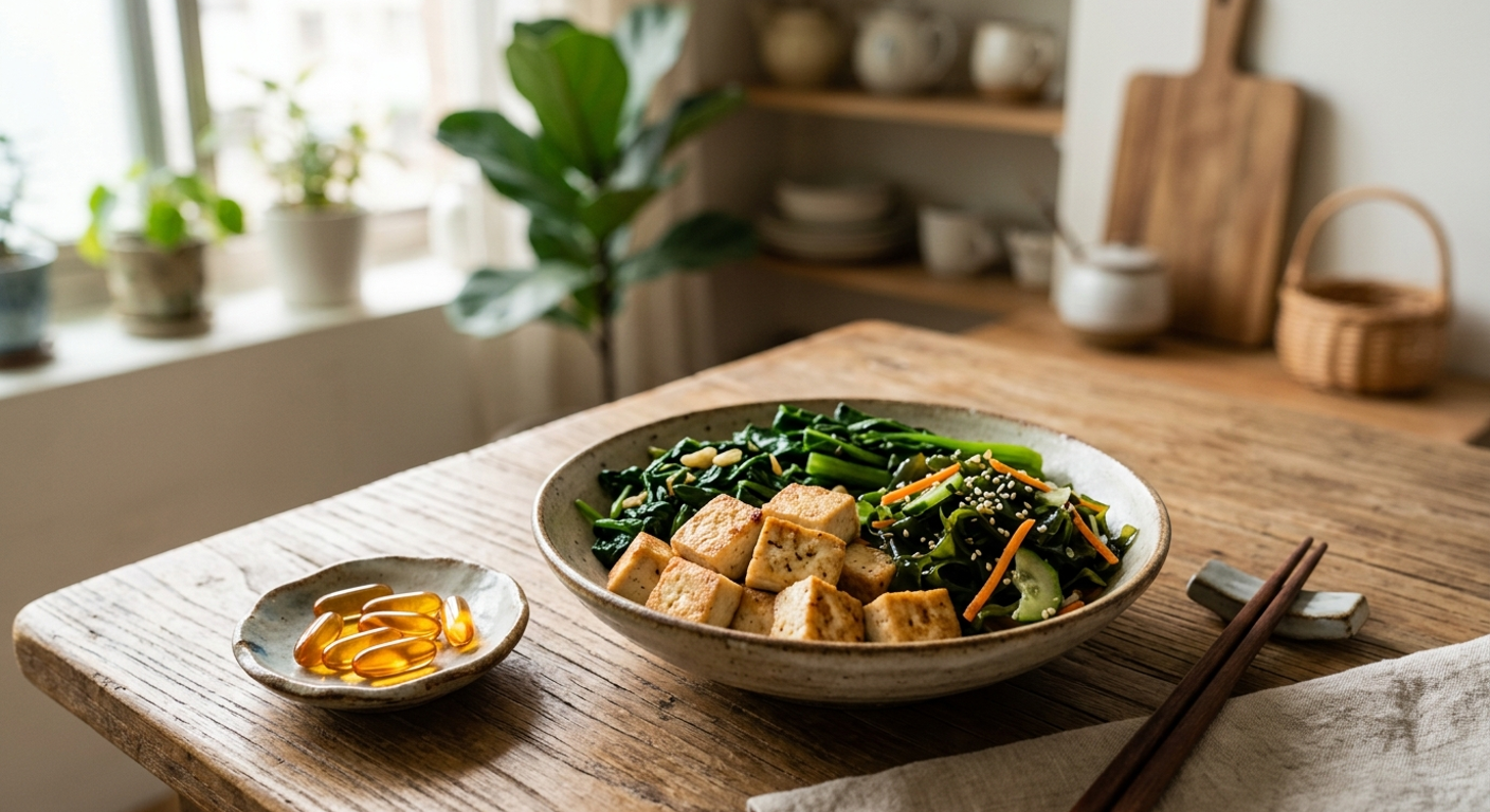 藻油軟膠囊和豆腐、深綠蔬菜、海帶等素食餐點的餐桌照