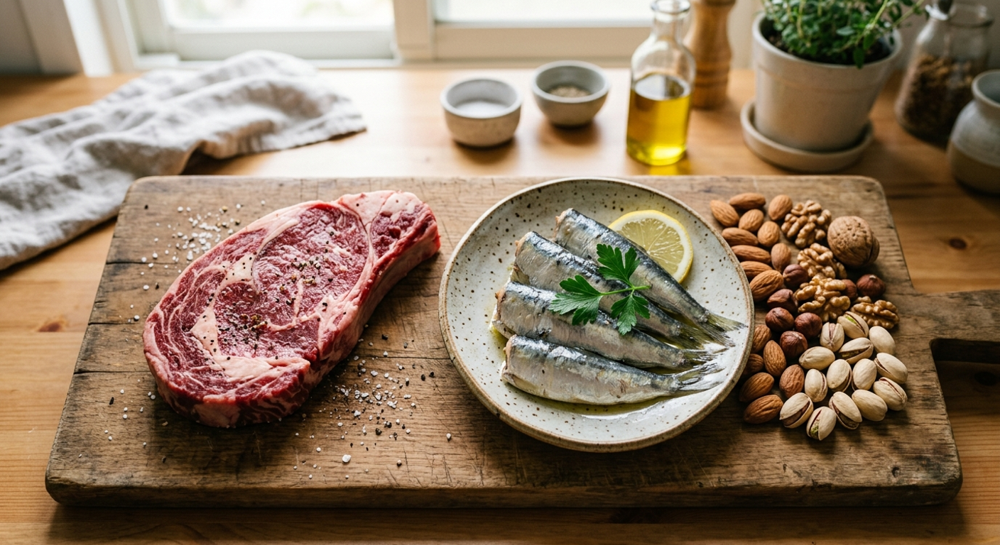牛肉、沙丁魚、花生和開心果的俯拍照