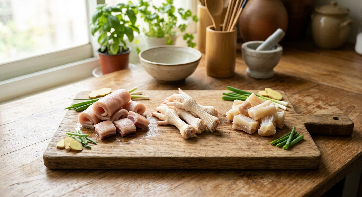 豬皮、雞腳和牛筋等食材的俯拍照