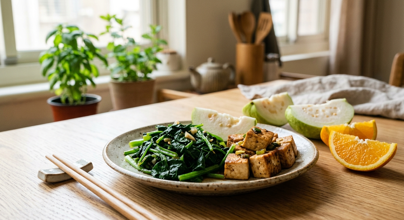 深綠蔬菜、豆腐和芭樂、柳橙的餐桌照