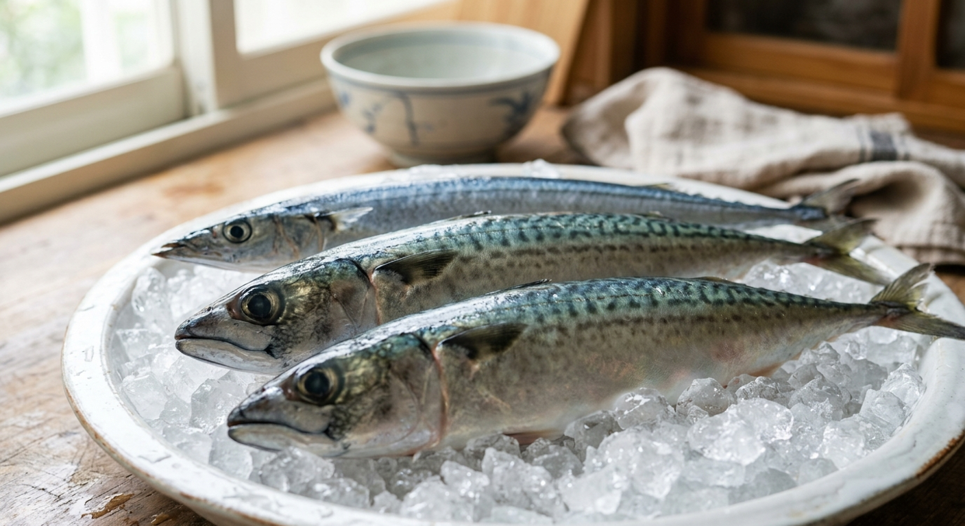 鯖魚和秋刀魚擺在碎冰上的照片
