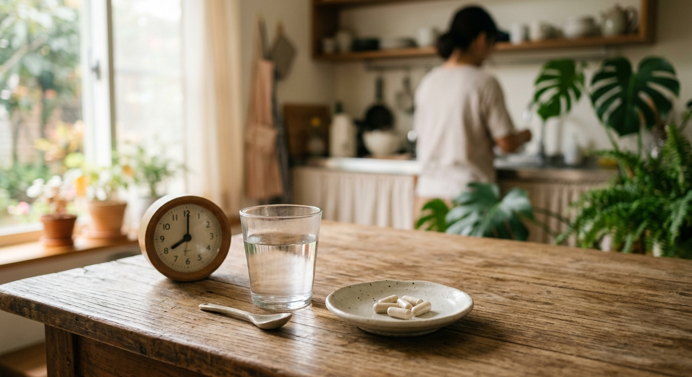 益生菌膠囊、一杯溫水與時鐘放在餐桌的情境照