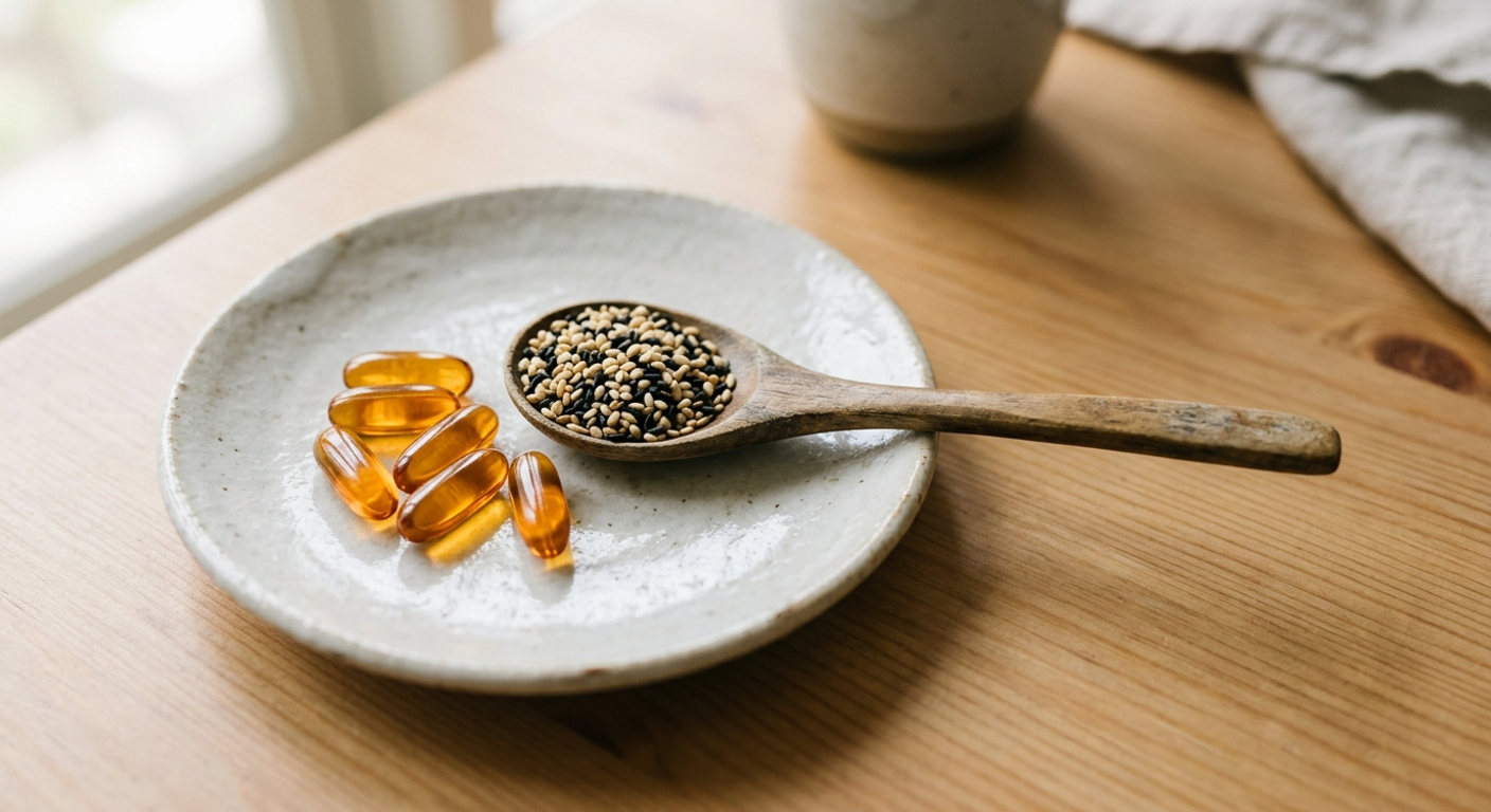 芝麻萃取物膠囊與一匙芝麻並排的俯拍照