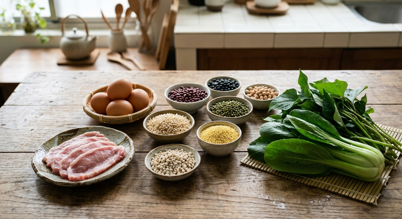 豬肉、雞蛋、全穀、豆類和深綠蔬菜的俯拍照