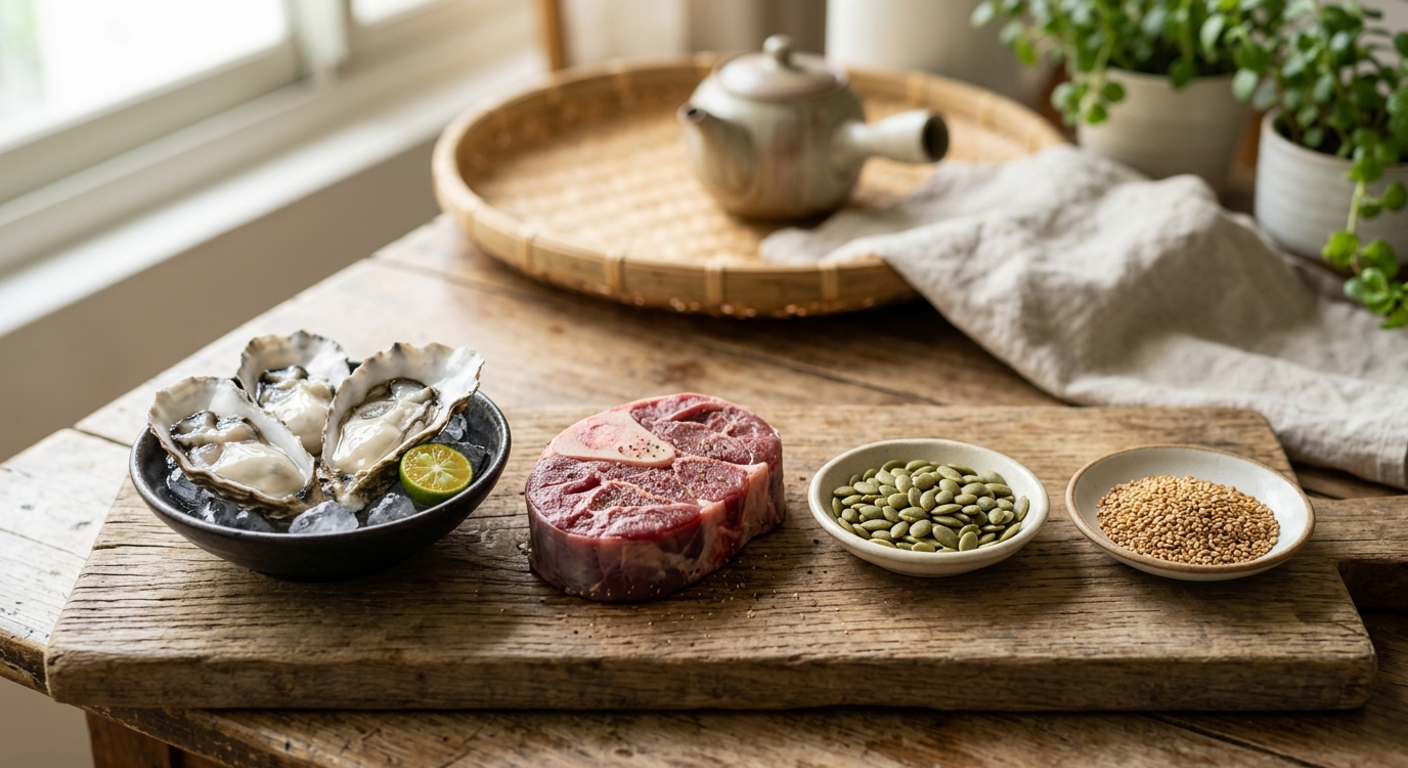 蚵仔、牛腱、南瓜子和芝麻等含鋅食物的俯拍照
