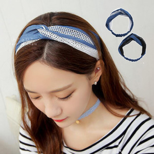 網格拼接牛仔丹寧交叉髮帶