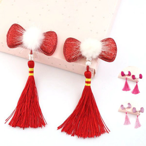 亮粉蝴蝶結流蘇髮夾 2件組