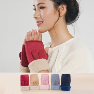 (出清不退換)麂皮手感兔耳羊羔絨露指手套大人款