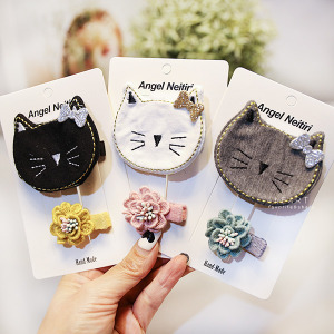 可愛布藝貓咪花朵髮夾 2入組