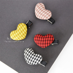 立體格子布藝心型髮夾 四入組