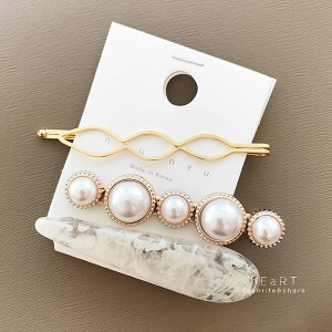 歐風大理石珍珠髮夾 3件組