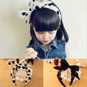 復古波點網紗蝴蝶結髮箍