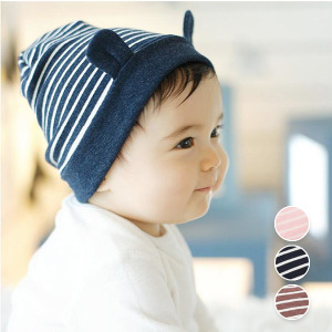 (出清不退換)可愛熊耳條紋翻簷新生嬰兒帽