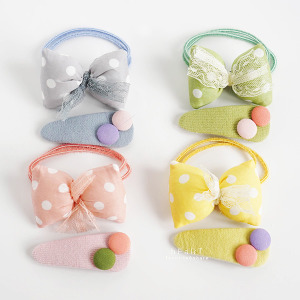 糖果色波點蝴蝶結髮圈+髮夾 2件組