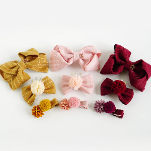 布藝花朵緞帶蝴蝶結髮夾 3入組