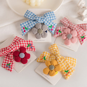 格子蝴蝶結花朵髮夾 2入組