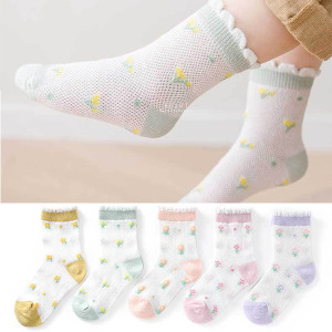 (出清不退換)小花圖案透氣網眼短筒童襪 5入組