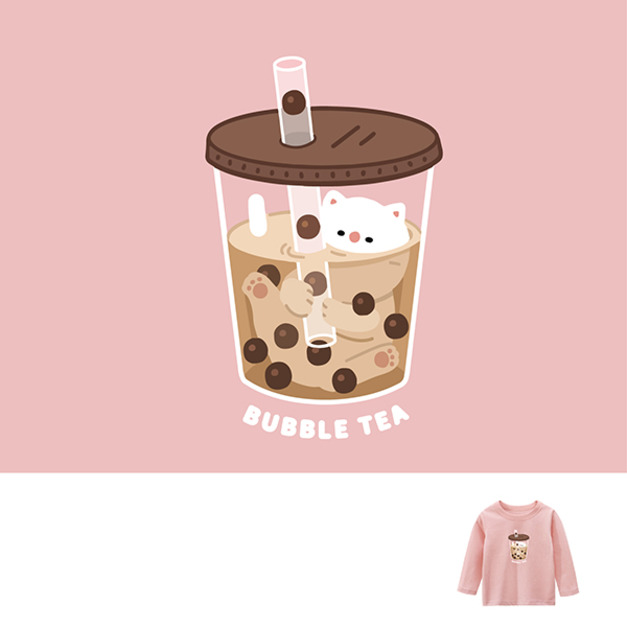 兒童｜KV獨家限定款｜台灣原創T長袖 珍奶貓粉