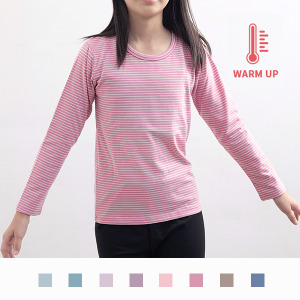 台灣製造極暖輕薄升溫發熱衣莫蘭迪色系 小童超細條圓領