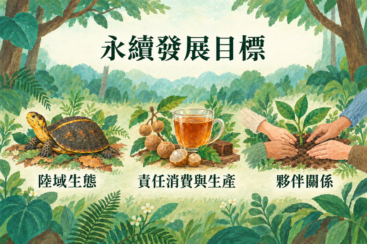 透過黑糖飲傳遞永續保育：手繪山林中的食蛇龜、桂圓黑糖飲與合力種植樹苗，呈現陸域生態、責任消費與生產、夥伴關係三項永續方向。