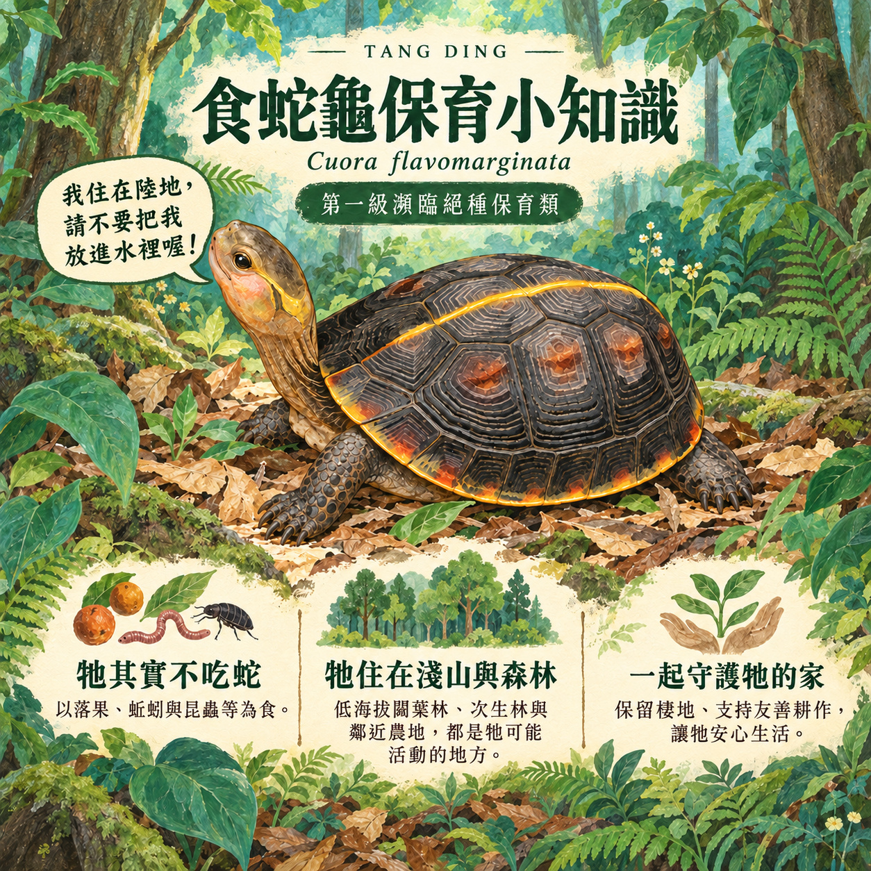 食蛇龜保育知識圖，介紹牠的食性、淺山棲地，以及遇見時不干擾、不接觸、不餵食的原則