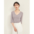 優雅花邊V領針織衫-紫灰