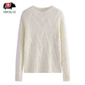 女士圓領麻花針織氂牛絨毛衣-米白_2