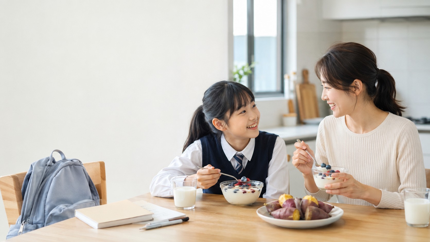 開學季家庭早餐，學生與家長一起享用莓果優格與熟凍地瓜