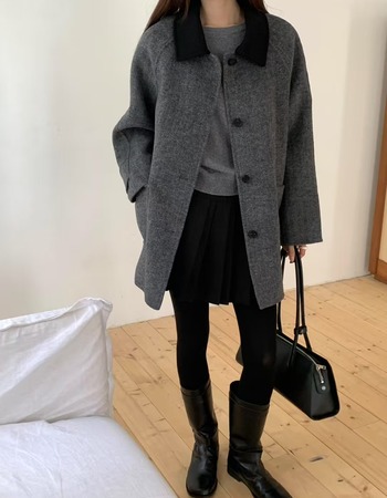 ｜深灰 現貨｜ 翻領撞色中長版羊毛大衣