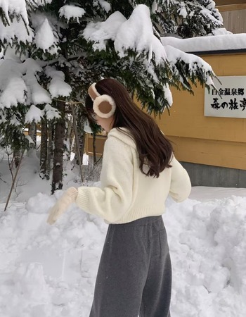 ｜象牙/藍  現貨｜ 溫柔羊駝毛連帽針織上衣