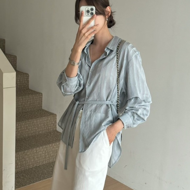 ｜象牙  現貨｜  中長版直紋綁帶質感襯衫