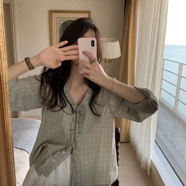 ｜預購｜   花邊格紋綁帶襯衫