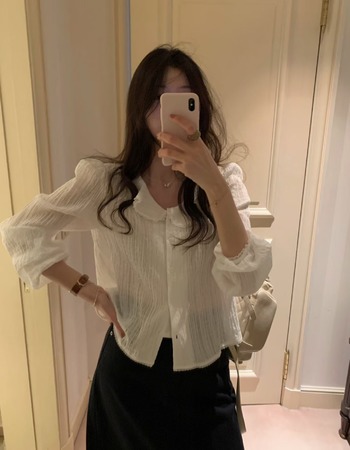 ｜預購｜  優雅豎紋花邊圓領襯衫