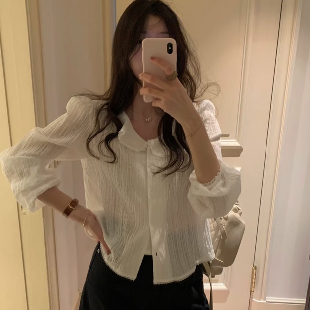 ｜預購｜  優雅豎紋花邊圓領襯衫