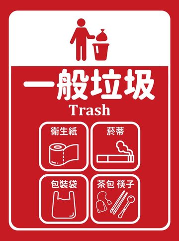 一般垃圾垃圾分類貼紙（紅色底），可貼在一般垃圾的桶身或牆面